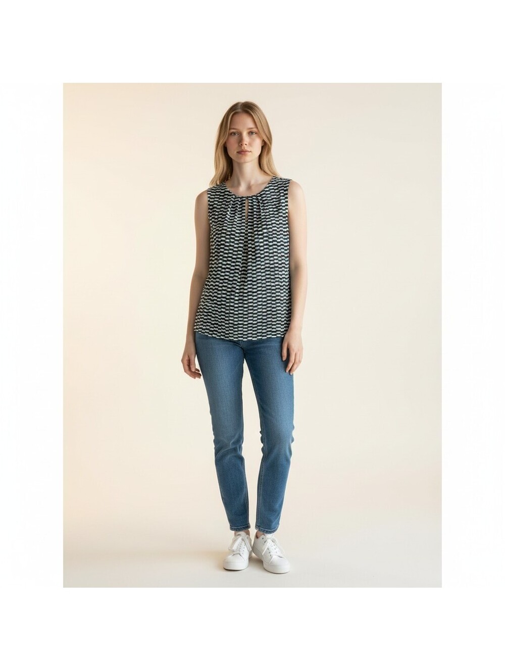 Calvin Klein Blouse Women L Large Black Geometric Sleeveless Hook & Eye Casual